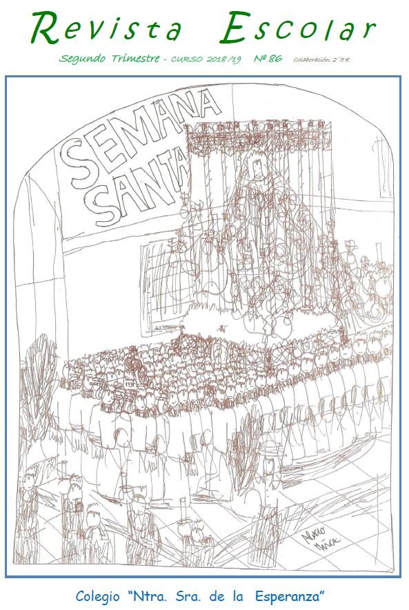 Portada de la revista escolar nº 86 - imagen de un trono de semana santa dibujada a mano